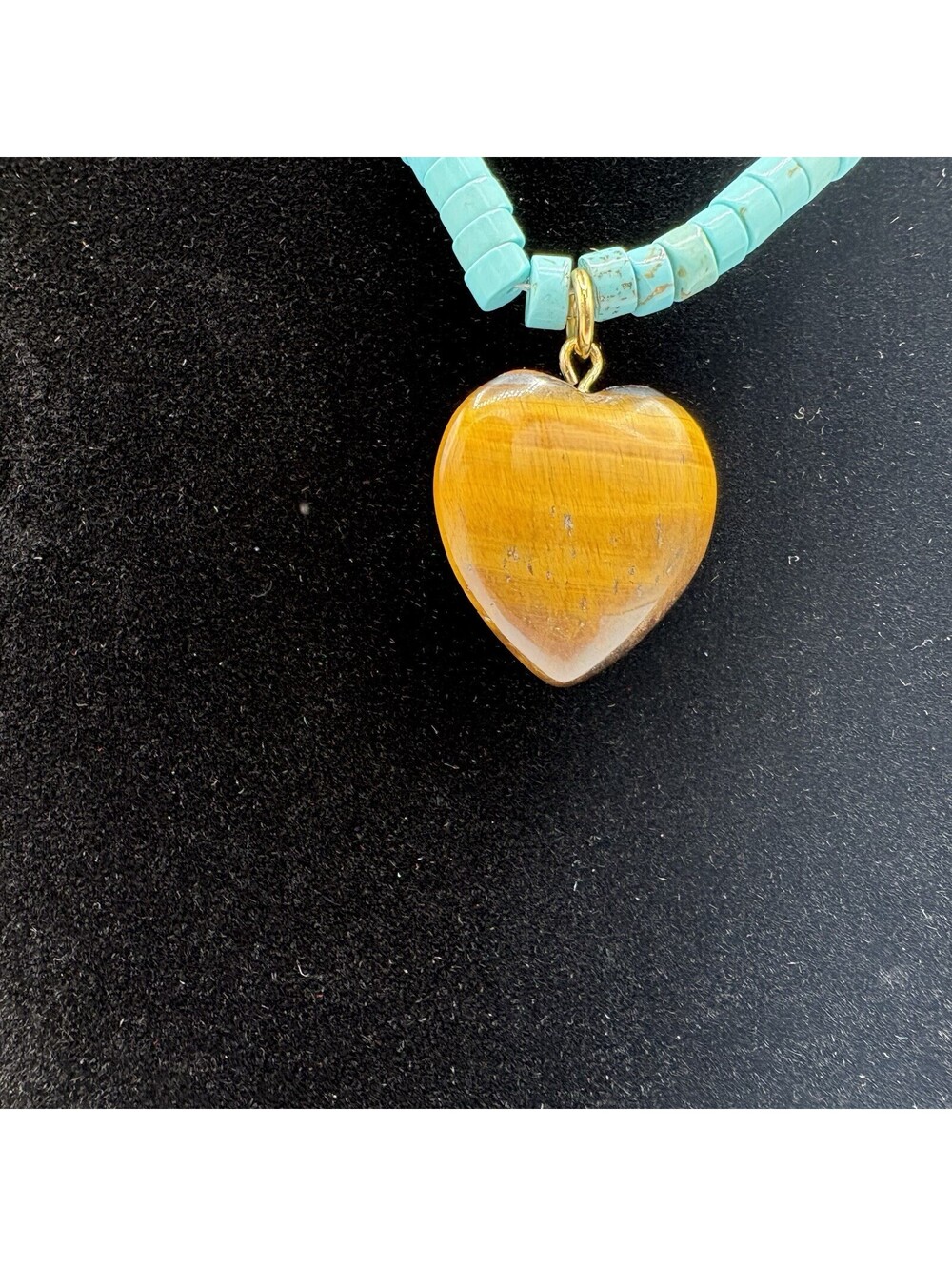 Mayamar Turquoise Beaded w/Tiger's Eye Stone Heart Necklace 18" (NEW) 24K Plated - Picture 3 of 10